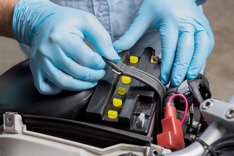 man in blue nitrile gloves removing battery from a motorcycle to clean the battery posts; negative terminal and positive terminals with a terminal cleaner after removing the positive cable and negative cable.