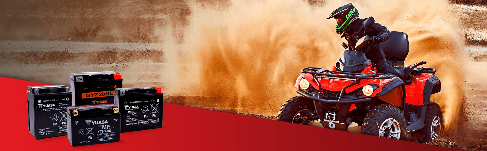 Yuasa ATV and UTV batteries scene where the ATV rider is driving in sand.