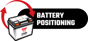 Line-drawn battery with placement arrows and the words "battery positioning" 