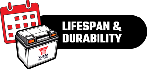 Line drawn battery in front of a calendar page with the words "lifespan and durability"