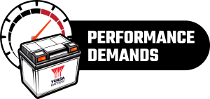 Line drawn battery in front of a tachometer with the words "Performance Demands"