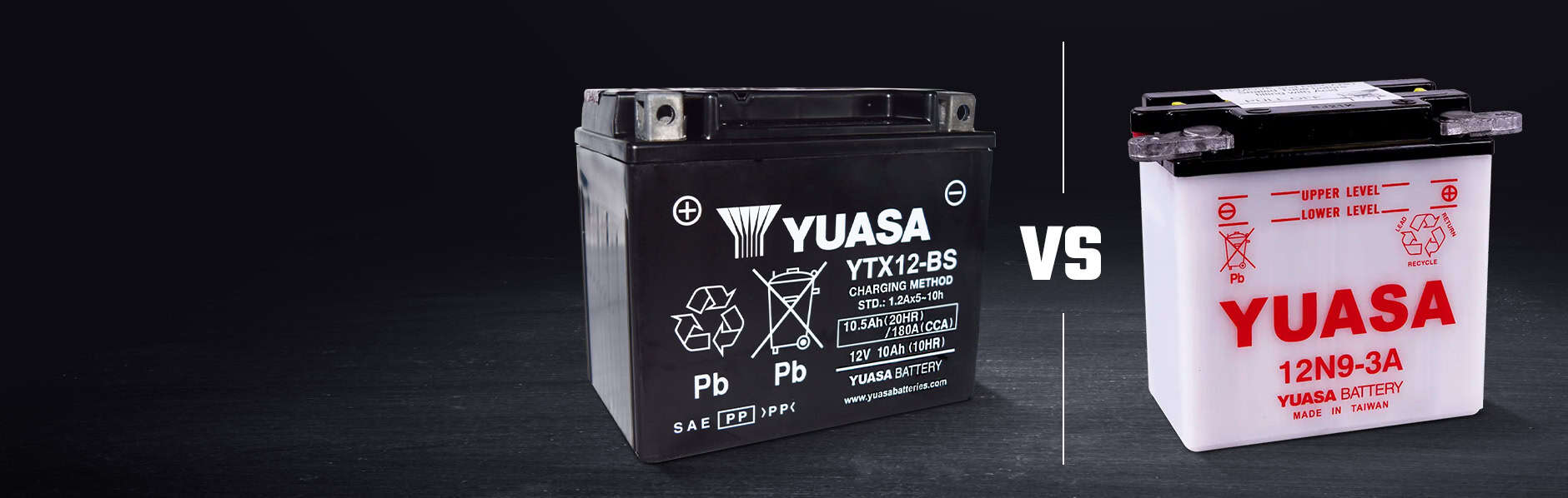 Two batteries with "vs" between them: Yuasa AGM vs. Conventional Battery
