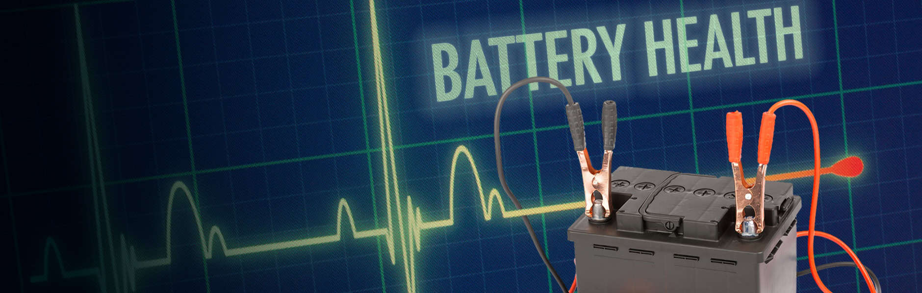 Battery with tester applied over a heartbeat line with the words "Battery Health"