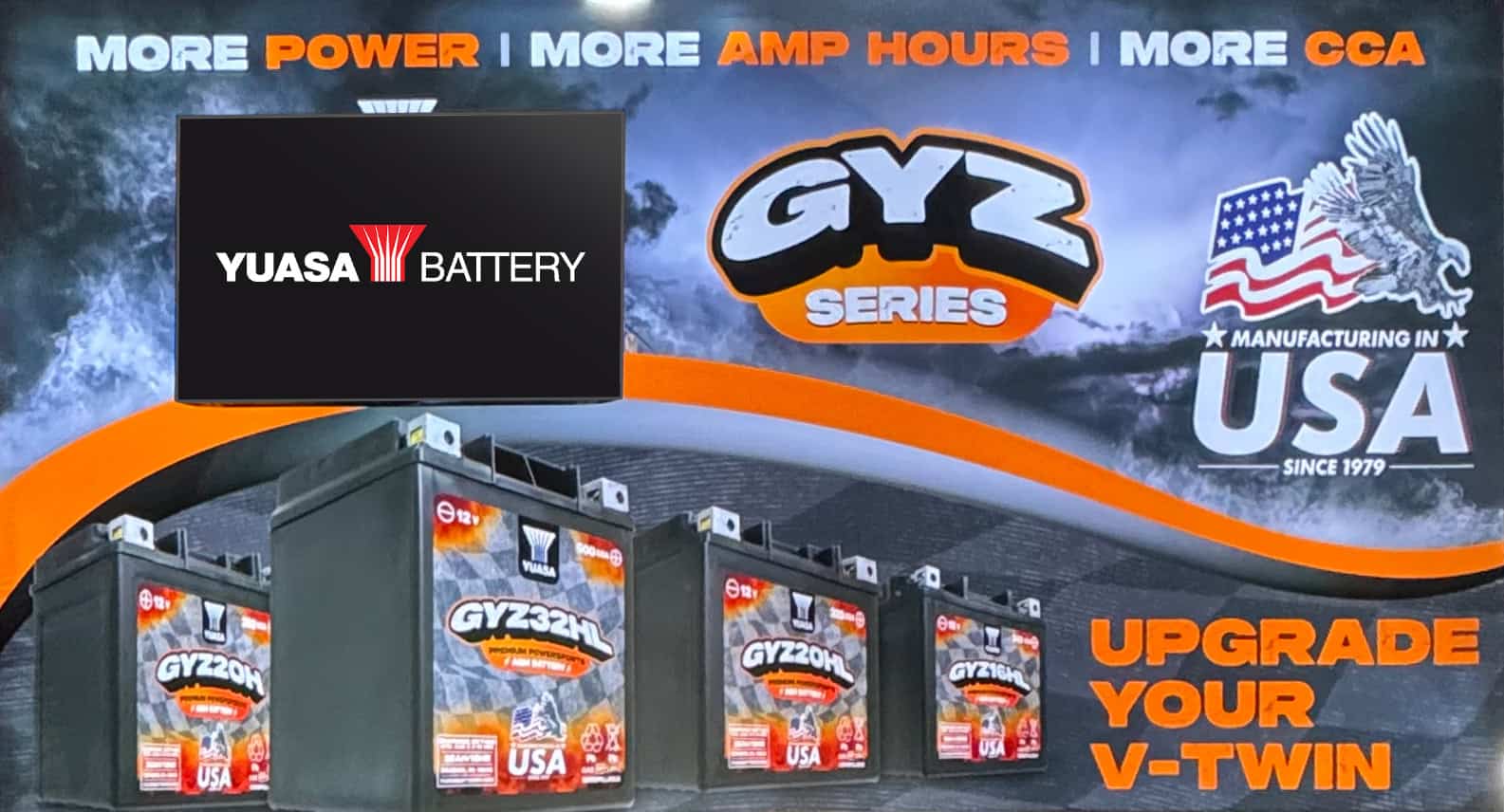 Lightbox showing GYZ batteries, our logo, and the Manufacturing in USA logo.
