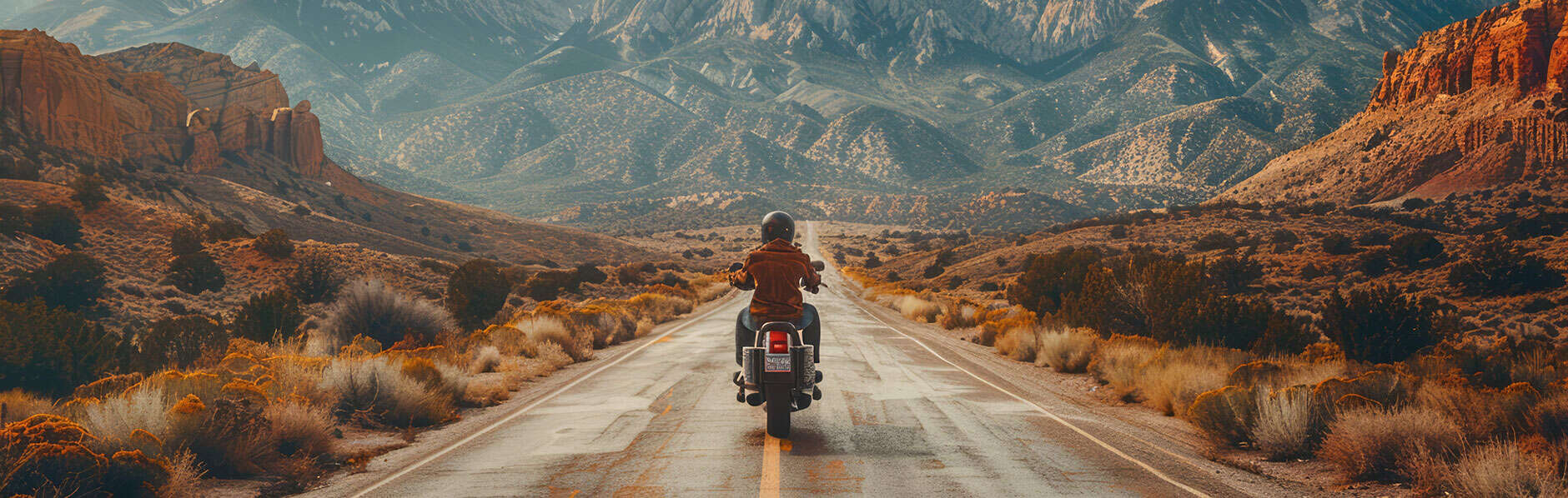 Rider on a long, empty road heading towards mountains.