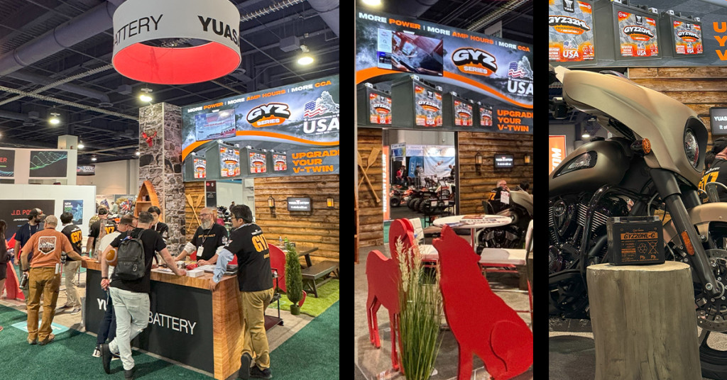 Yuasa at the AIM show collage image showing the busy booth, decor, and batteries.