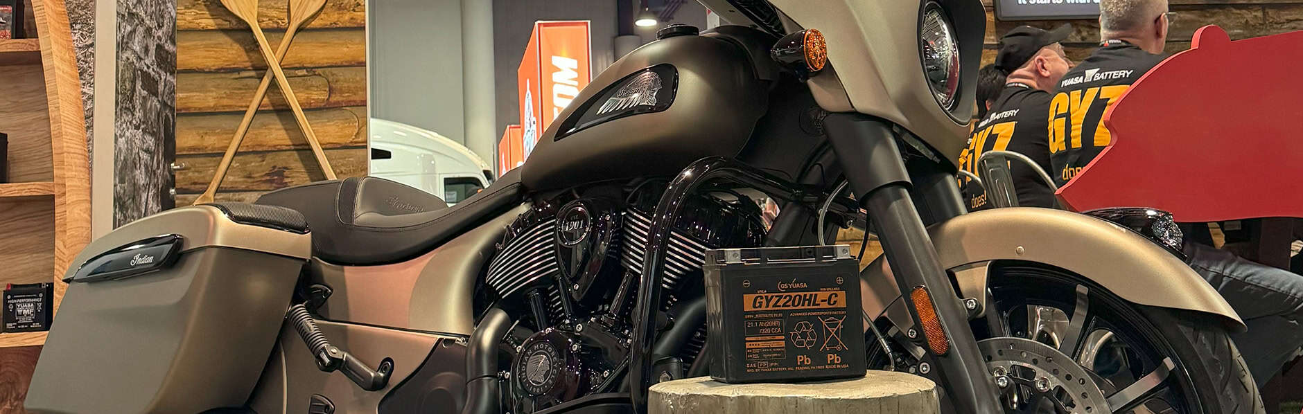Sin City Indian Motorcycle Chieftan sitting behind the Yuasa GYZ battery at the AIMExpo 2025.