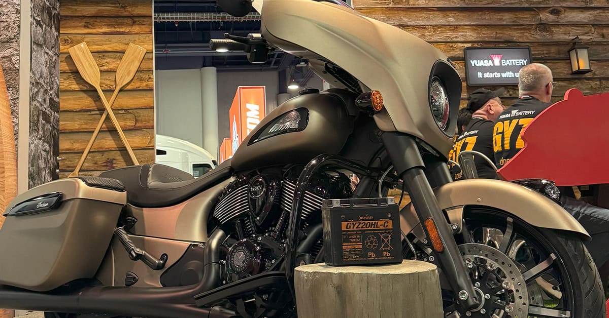 Yuasa boot at AIMExpo, featuring this Chieftain from Sin City Indian Motorcycle and the GYZ battery.