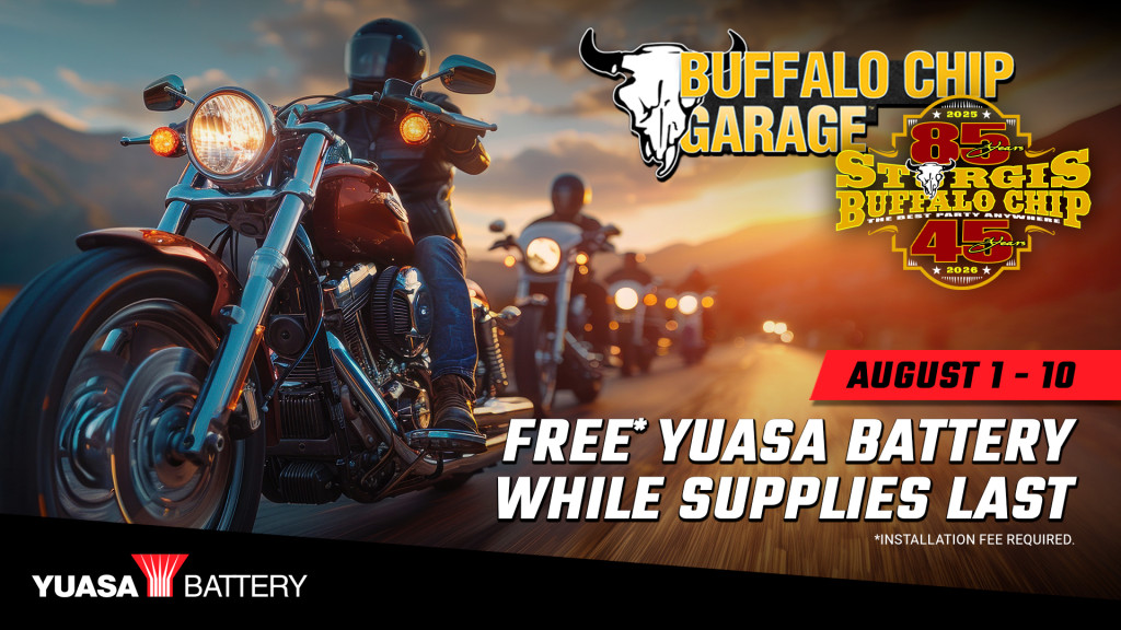Buffalo Chip Garage image outlining Free* Yuasa Batteries while supplies last with riders in a line on the highway at golden hour.