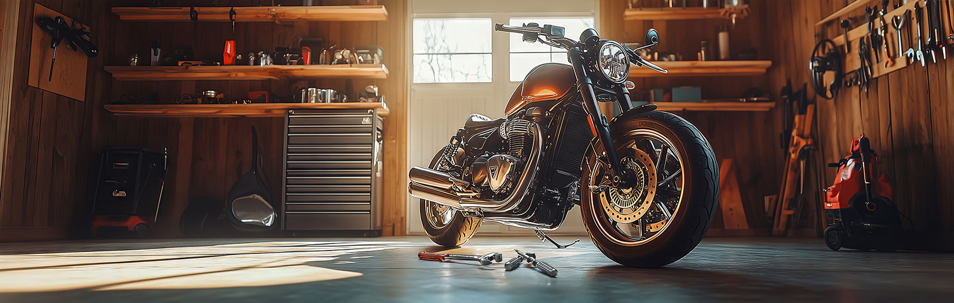 Tools on the floor that are used for motorcycle maintenance sit in the foreground of a bike in a garage, backlit by the sun through windows.