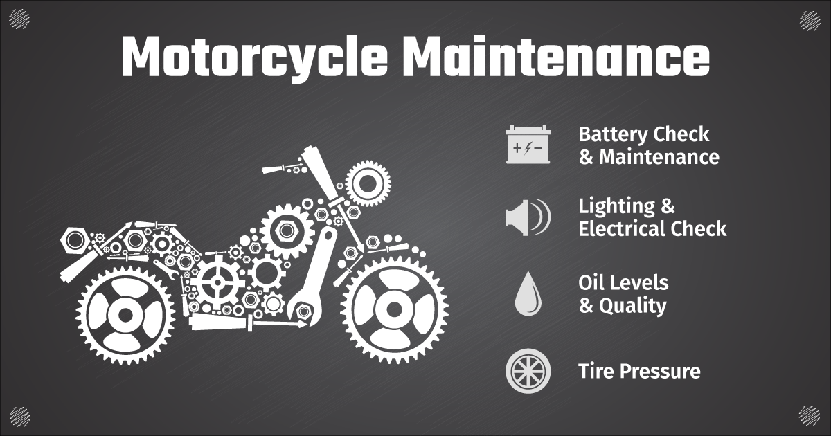 Motorcycle maintenance infographic showing a stylized motorcycle made from tools and gears with the top four things, Battery Check and Maintenance, Lighting & Electrical Check, Oil Levels and Quality, Tire Pressure. 